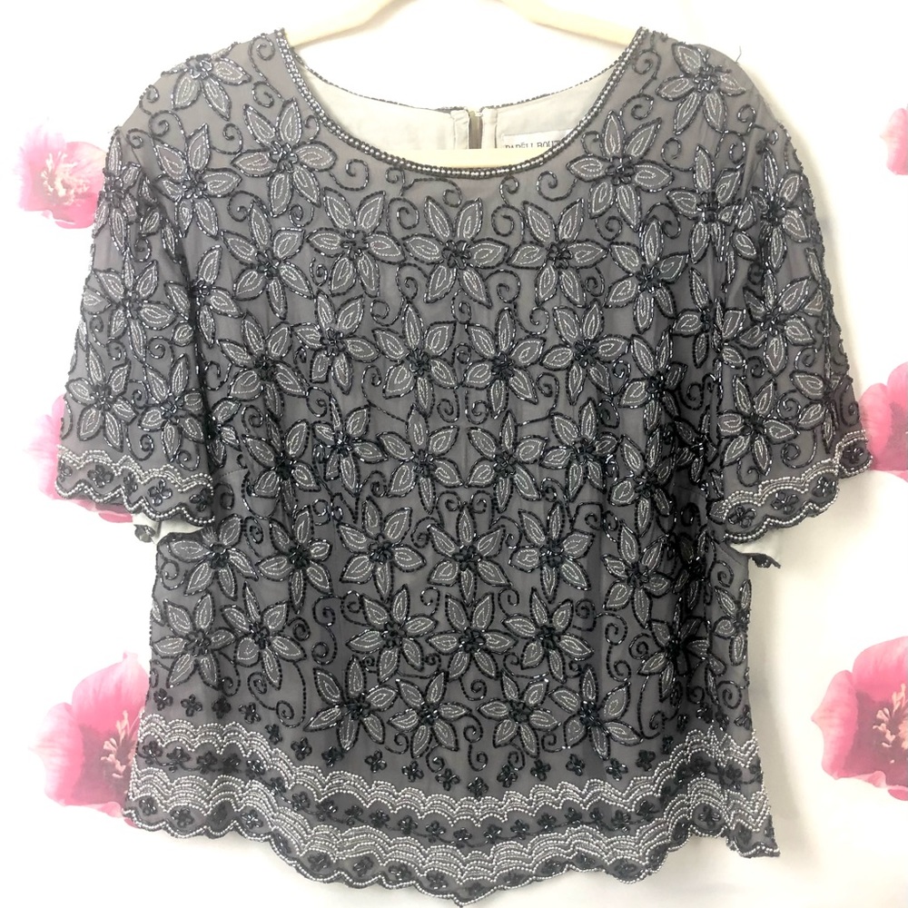 Papéll Boutique: Beaded Top -Daisies- Black and Silver - Short Sleeves - Unique